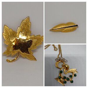 MONET Signed Brooches Pins / Necklace: Goldtone Leaf or Abstract Design Lot of 3